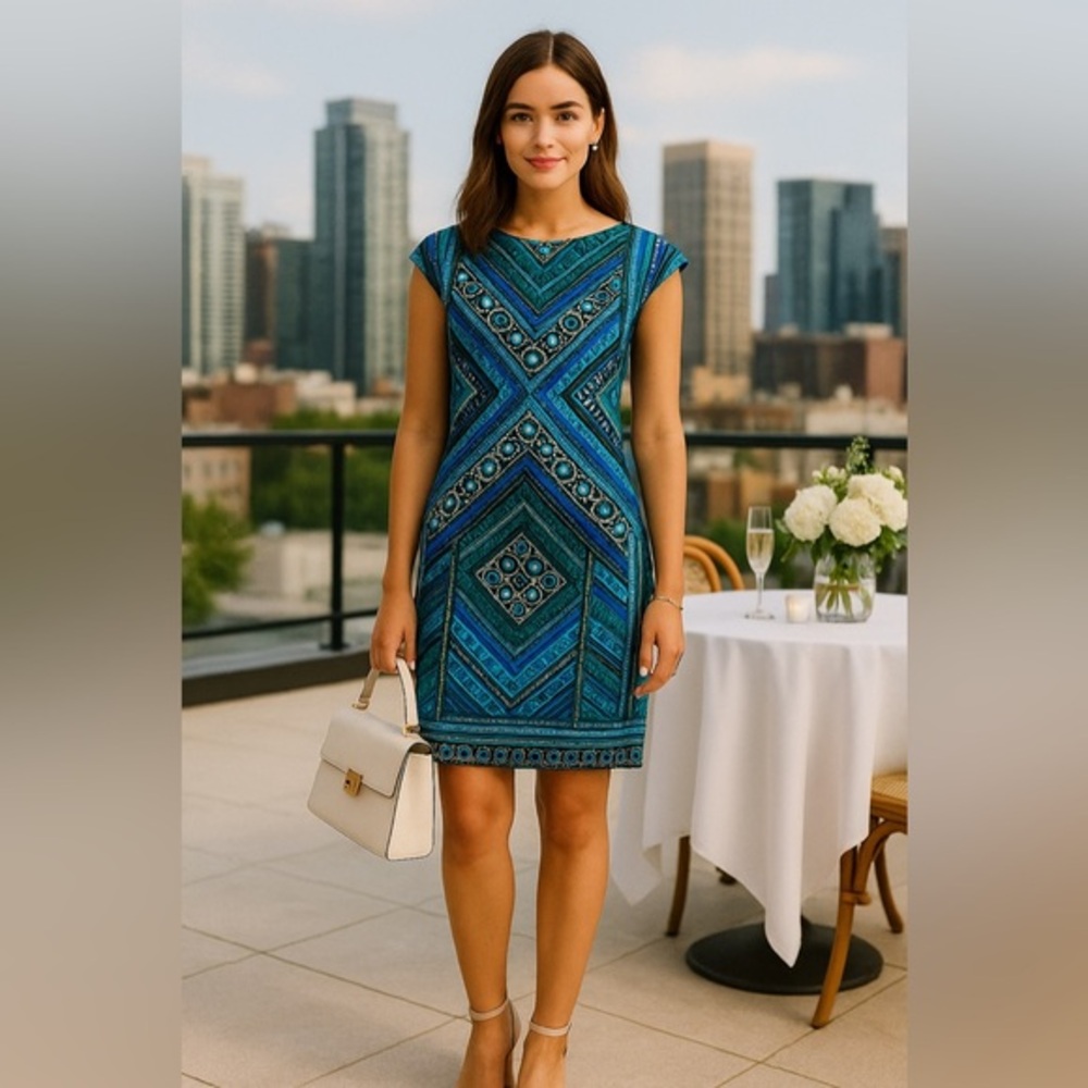 London Style Geometric Dress Black Blue Midi Cocktail Dinner Dress GUC # 816